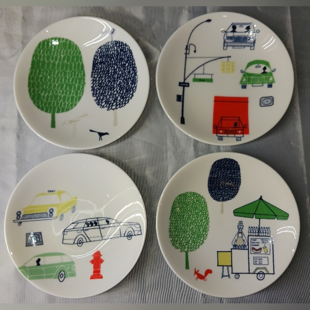 "kate spade"  6" Tidbit Plates 4 Scenes Drive About Town Collection-4 Plates NWT